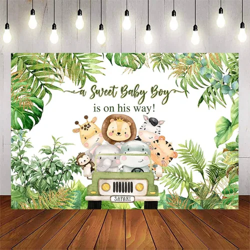 Miniatura 10 de Avezano Telón de fondo rosa para baby shower de safari para niñas, animales de la selva, decoración de baby shower, hojas tropicales, suministros