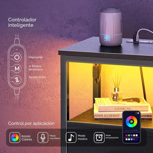 Miniatura 5 de Huuger - Mesita de noche con estación de carga y luces LED, mesita de noche con 2 cajones, mesa auxiliar de cama con estante abierto, mesa auxiliar