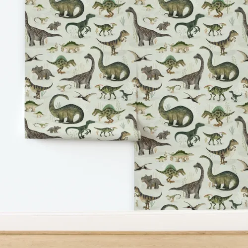 Miniatura 4 de Spoonflower Papel tapiz para despegar y pegar - Dinosaurios grandes Verde Niños Gris Animales Niños Ilustración Dino Papel pintado extraíble