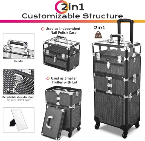 Miniatura 4 de BYOOTIQUE Organizador de esmalte de uñas 2 en 1, estuche de tren de maquillaje rodante, organizador de viaje para manicura, organizador de viaje