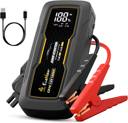 EcoNour Arrancador de salto | Pico de 1600 A | Arrancador portátil para automóvil | Caja de salto de litio de 12 V para motores de gas de 7 L y