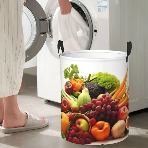 Miniatura 7 de Cesta circular con estampado de verduras y frutas, impermeable, cesta organizadora de ropa, con asas, para ropa, juguetes, pequeña