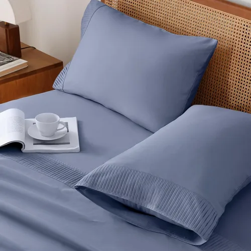 Miniatura 3 de Andency Juego de sábanas tamaño Queen de 4 piezas color azul oscuro y gris, sábanas súper suaves para cama tamaño Queen, juego de sábanas de Beige