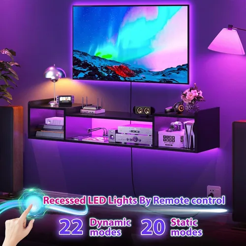 Miniatura 2 de Romorgniz - Soporte de TV flotante de 55.1 pulgadas de ancho con luces LED y tomas de corriente para televisores de 50, 55, 60, 65 pulgadas, centro