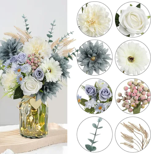 Miniatura 3 de Flores falsas en jarrón, arreglo de flores artificiales azul polvoriento en jarrón, centros de mesa florales falsos para cocina, granja, mesa