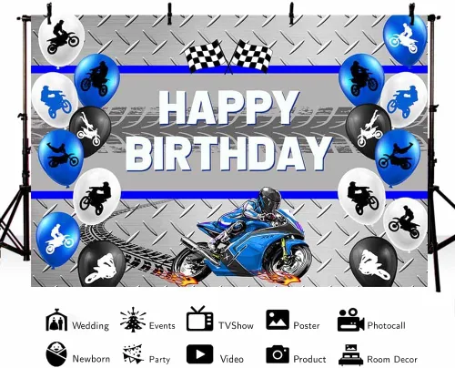 Miniatura 3 de AIBIIN Telón de fondo azul de cumpleaños de motocicleta de 7 x 5 pies para niños, globo de carreras de motocross, decoración de fiesta