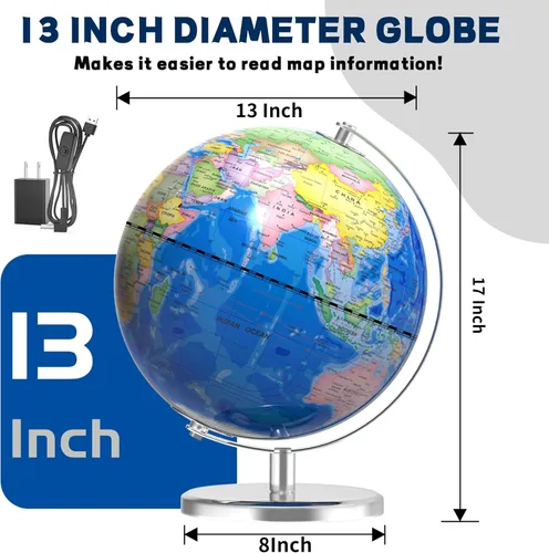 Miniatura 3 de Globo mundial grande de 13 pulgadas para adultos, globo educativo para niños, coloridos detalles de mapa del mundo HD para el aprendizaje