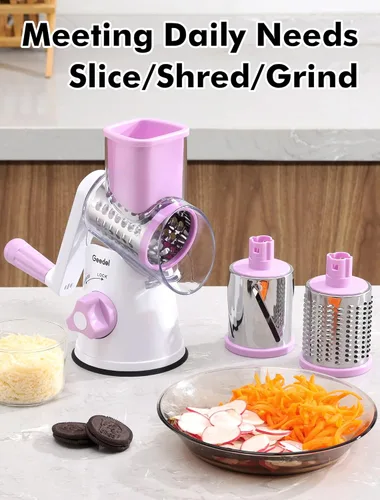 Miniatura 8 de Rallador de queso giratorio Geedel, rallador de mandolina de cocina para vegetales con 3 cuchillas intercambiables, rallador giratorio fácil