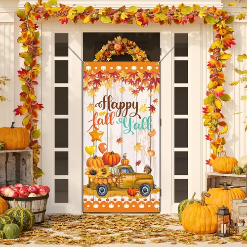 Miniatura 3 de SENSEVEN Cartel de puerta con texto en inglés "Happy Fall Y'all", cartel grande de bienvenida para el porche de Acción de Gracias, decoración