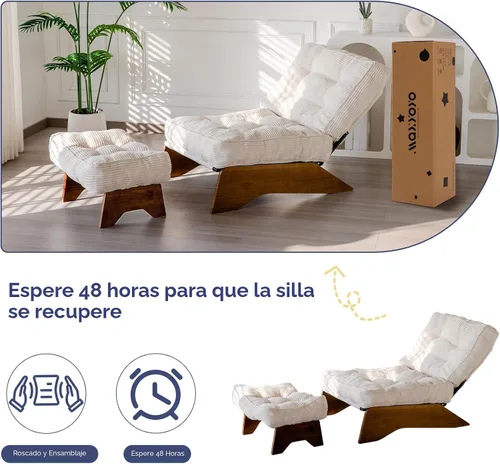 Miniatura 8 de MAXYOYO - Sillón decorativo con otomana y respaldo ajustable, silla capitoné para sala, reposera con reposapiés, silla moderna y acogedora Beige
