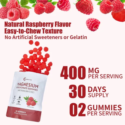 Miniatura 6 de Gomitas de bisglicinato de magnesio de 400 mg con vitamina B6, C, D3, promueve la función muscular y nerviosa, relajación y bienestar, sabor a