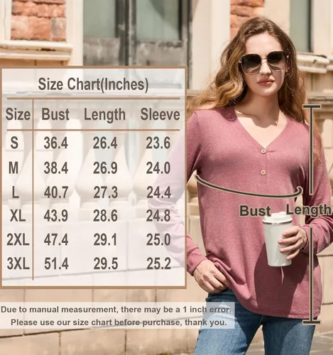 Miniatura 5 de BISHUIGE Camisetas de manga larga con botones para mujer, túnica Henley con cuello en V, sudadera casual