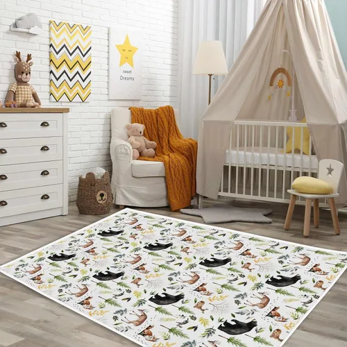 Miniatura 2 de Alfombra antideslizante para sala de juegos de animales del bosque, oso ciervo, zorro, conejo, pino, tapete de juego antideslizante para guardería