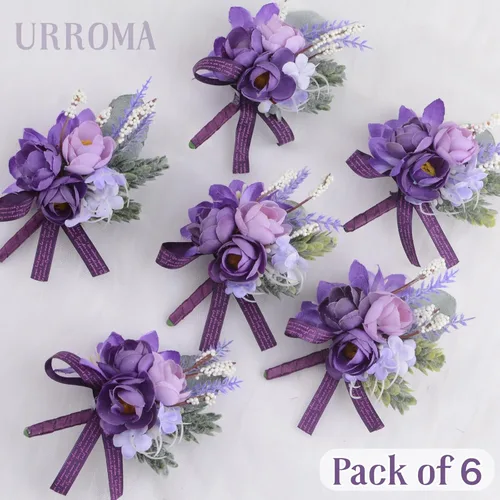Miniatura 3 de 6 piezas de flores artificiales para boda, ramillete de simulación de rosas pequeñas moradas, accesorios de flores artificiales para novia, novio