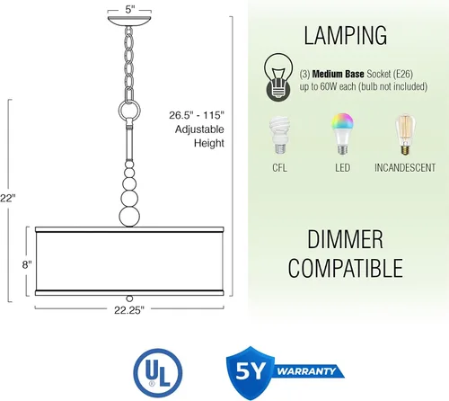 Miniatura 4 de Revel Adelade 22" Moderno candelabro con Tambor de la tela de sombra difusor de gas temperado, RV-CC230960-OB, 60.00watts Bronce aceitado