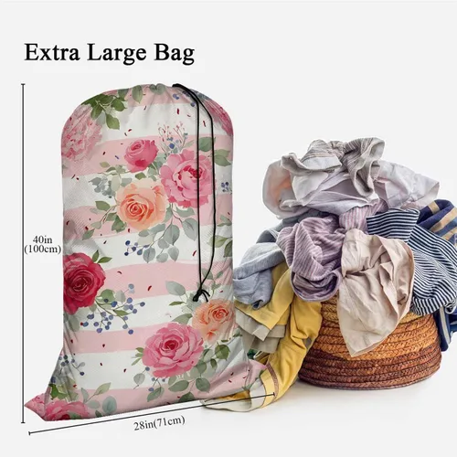Miniatura 3 de Swono Cesta de almacenamiento de juguetes de comedor con diseño de rosas rosadas, bolsa de lavandería con cordón, románticos ramos de peonías Rosa