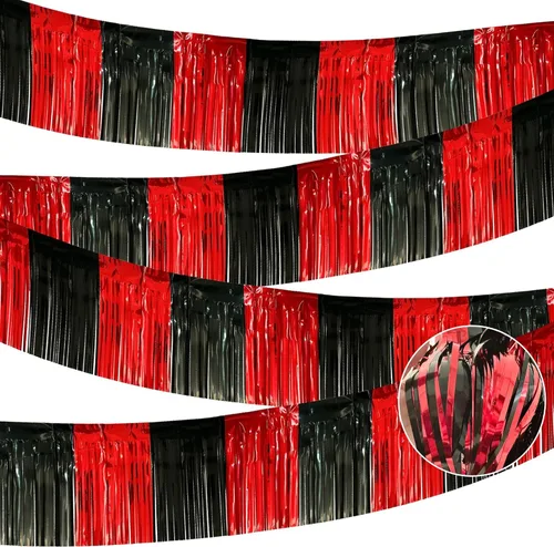 Miniatura 21 de Paquete de 4 cortinas flotantes negras con flecos, guirnalda de flecos metálicos con borlas brillantes, decoraciones flotantes para remolque