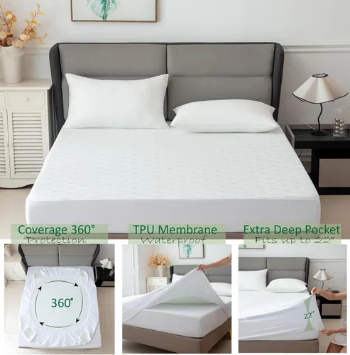 Miniatura 3 de SKYLINEWEARS Protector de colchón impermeable jacquard de bambú de alta calidad, 100% impermeable, ultrasuave y transpirable, funda de cama