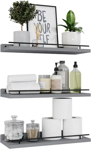 Miniatura 15 de WOPITUES Estantes flotantes con barandilla de metal negro, estantes para decoración de pared, juego de 3, estantes de pared para dormitorio, baño