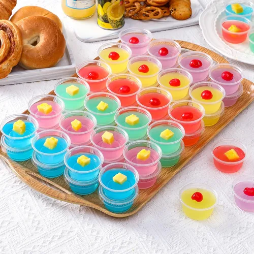 Miniatura 6 de AOZITA Juego de 400 vasos para shots de gelatina de 2 onzas con tapas, apilables, seguros para alimentos, desechables, vasos de plástico