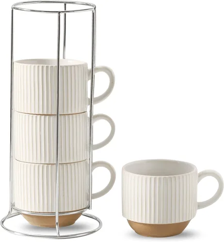 Miniatura 17 de Hasense Juego de tazas de café, juego de 4 tazas de té apilables con soporte - Juego de tazas grandes de cerámica acanaladas de 15 onzas para latte