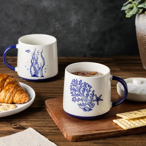 Miniatura 5 de AmorArc Juego de 4 tazas de café grandes de cerámica de 16 onzas con patrones de vida marina para té, café con leche y cacao. Fácil de sostener