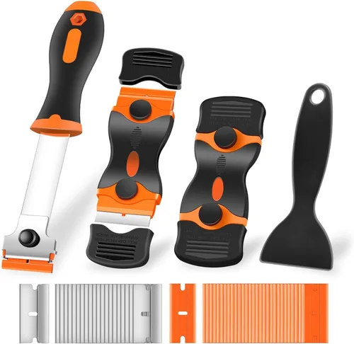NECAMOCU Juego de 4 raspadores de cuchilla, herramienta de limpieza premium con 50 piezas de cuchillas metálicas y plásticas, raspador multiusos