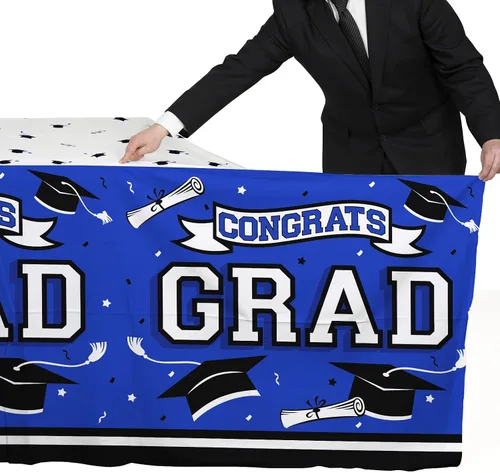 Miniatura 4 de Gatherfun Suministros para fiesta de graduación, mantel de graduación Gongrats para decoraciones de fiesta de graduación, 3 manteles azules