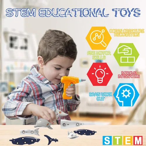 Miniatura 4 de KAEGREEL Juguetes de tiburón desmontables para niños, juguete de peces oceánicos desmontables con destornilladores eléctricos, juguetes