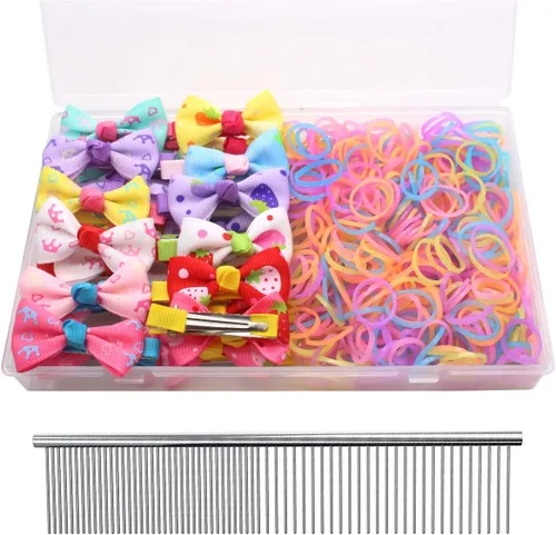 Miniatura 10 de YOY 20 adorables lazos para el pelo de perro con clips y 1000 bandas de goma y 1 peine de acero para peluquería, nudo superior de cachorro, moño