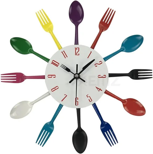 Miniatura 10 de Reloj de pared creativo con cuchillo de tenedor, cubertería de cocina, novedoso reloj colgante decorativo, cuchara de acero inoxidable, reloj Negro