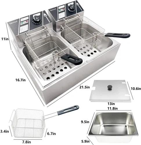 Miniatura 7 de Freidora comercial profunda con cestas, 3400W 12.7QT/12L de acero inoxidable engrosado para mostrador, freidora eléctrica de aceite de gran