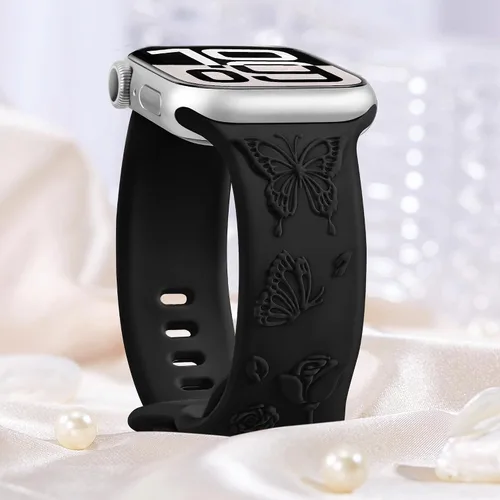 Miniatura 5 de Melyis Correa deportiva de silicona suave grabada con diseño floral y mariposa compatible con Apple Watch de 1.575 pulgadas, 1.614 pulgadas, 1.496