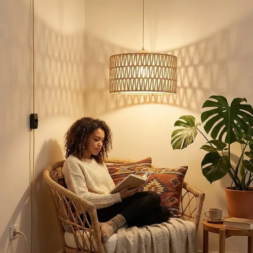 Miniatura 6 de Lámpara Colgante Enchufable de Ratán, Luces Colgantes Boho con Sombra Tejida de Papel y Tela 2 en 1, Bombilla Regulable de 3 Vías Incluida, Lámpara