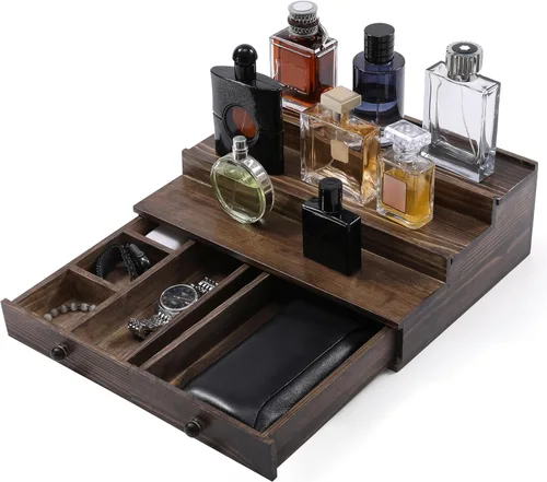 Miniatura 9 de Organizador de colonia Boulphia para hombre, soporte de colonia de 3 niveles con cajón y compartimento oculto, estante de madera para exhibidor