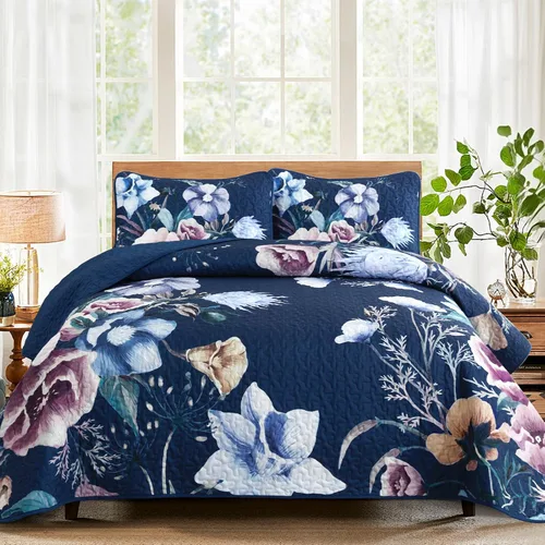 Miniatura 25 de Juego de colcha floral tamaño Queen de 3 piezas, juego de colcha con estampado floral rojo suave de microfibra ligera, cubrecama acolchado negro