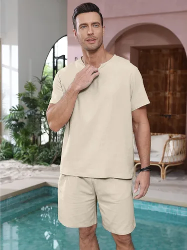 Miniatura 3 de Lexiart Conjunto de 2 piezas de algodón y lino para hombre, camisa de manga corta con cuello en V, pantalones cortos de playa, trajes de yoga