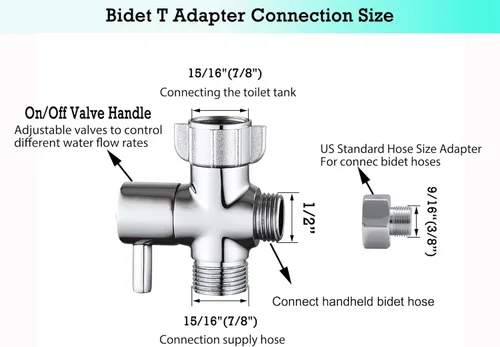 Miniatura 2 de Adaptador de bidé T con válvula de cierre, válvula T de 3 vías para bidé, adaptador T de metal para inodoro de mano, 7/8 "x 7/8" × 1/2" o 3/8