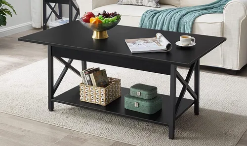 Miniatura 7 de GreenForest - Mesa de café negra con estante de almacenamiento de 39 pulgadas, mesa central rectangular de 2 niveles para sala de estar, mesa Negro