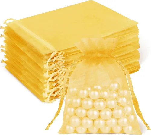 Crweety 50 Piezas Bolsas de Organza Doradas de 3 x 4 Pulgadas, Pequeñas Bolsas de Regalo de Malla con Cordón para Favores de Boda, Despedida de
