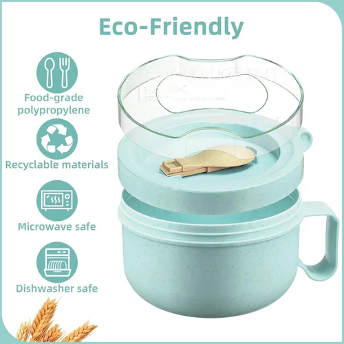 Miniatura 4 de Maxdot 4 piezas de tazón para microondas de ramen, tazones de sopa instantánea aptos para microondas con tapas, tazones grandes de sopa con asas