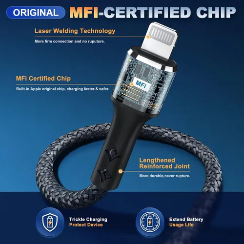 Miniatura 2 de Paquete de 2 cargadores de iPhone de 3 pies para Apple MFi, cable Lightning trenzado de nailon fuerte, cable de carga USB rápida de 2.4 A
