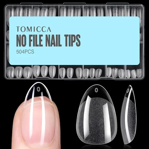 Miniatura 26 de TOMICCA Puntas de uñas de almendra extra cortas, 240 unidades, 15 tamaños, puntas de uñas de gel transparente preformadas, no necesita lima, uñas