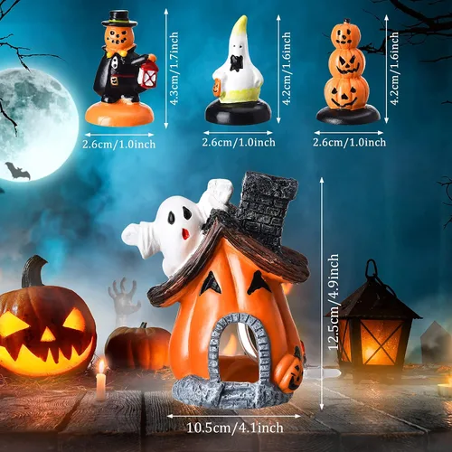 Miniatura 2 de Blulu 4 piezas de decoraciones de Halloween para pecera, figuras en miniatura para interiores y exteriores, resina, fantasma, calabaza, casa
