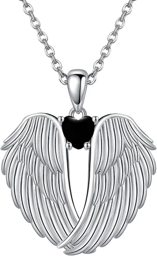 YFN Collar de alas de ángel de plata de ley 925 con colgante de alas de ángel de la guarda, collar de piedra natal para mujeres y niñas, regalos de