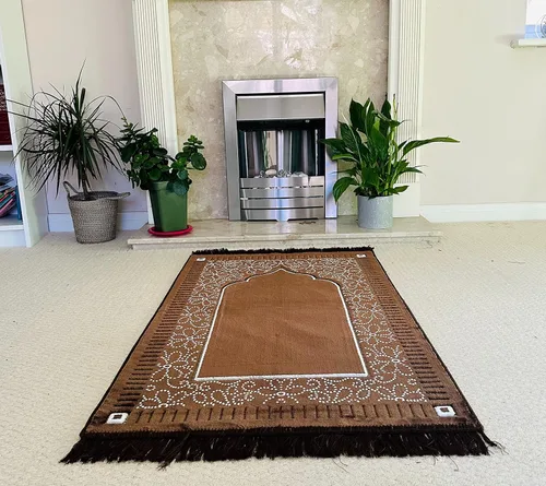 Miniatura 5 de Mihrab - Tapete de oración de terciopelo de lujo con estampado, 26.46 oz, peso Fabricado en Turquía (café)