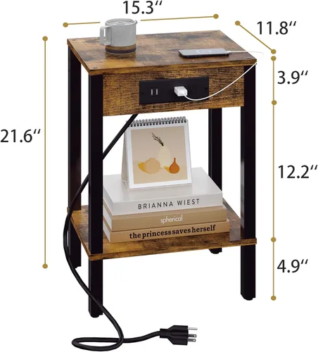 Miniatura 3 de Mesa auxiliar con estación de carga, mesita de noche de 2 niveles con estante de almacenamiento, mesa auxiliar moderna, mesita de noche para espacio