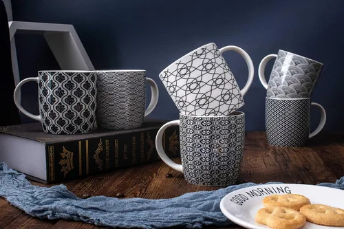 Miniatura 3 de Juego de 6 tazas de café de 11.5 onzas con patrones geométricos en blanco y negro, juego de tazas de té de cerámica Juego de 6 tazas negras