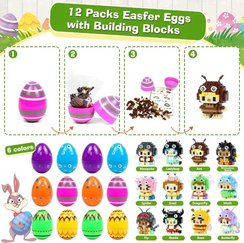Miniatura 3 de Mini bloques de construcción de animales, paquete de 12 unidades, recuerdos de fiesta para construcción de niños, huevos de Pascua precargados