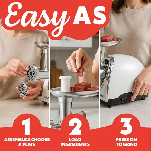 Miniatura 8 de Gourmia, picadora de carne, discos trituradores y accesorios extras incluidos. Incluye el tubo para salchichas y un libro electrónico de recetas